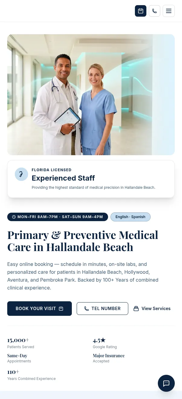 Mobile view of the medical clinic website homepage interface.