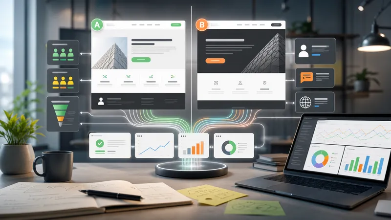 Editorial illustration of A/B testing variants, analytics dashboards, and conversion paths.