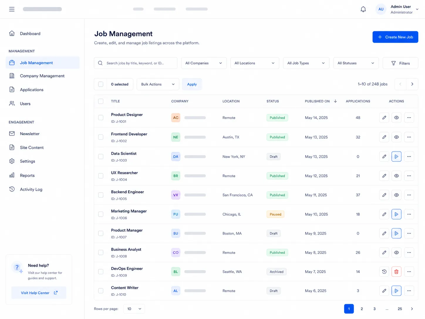 Administrative job management page with job statuses and management actions.