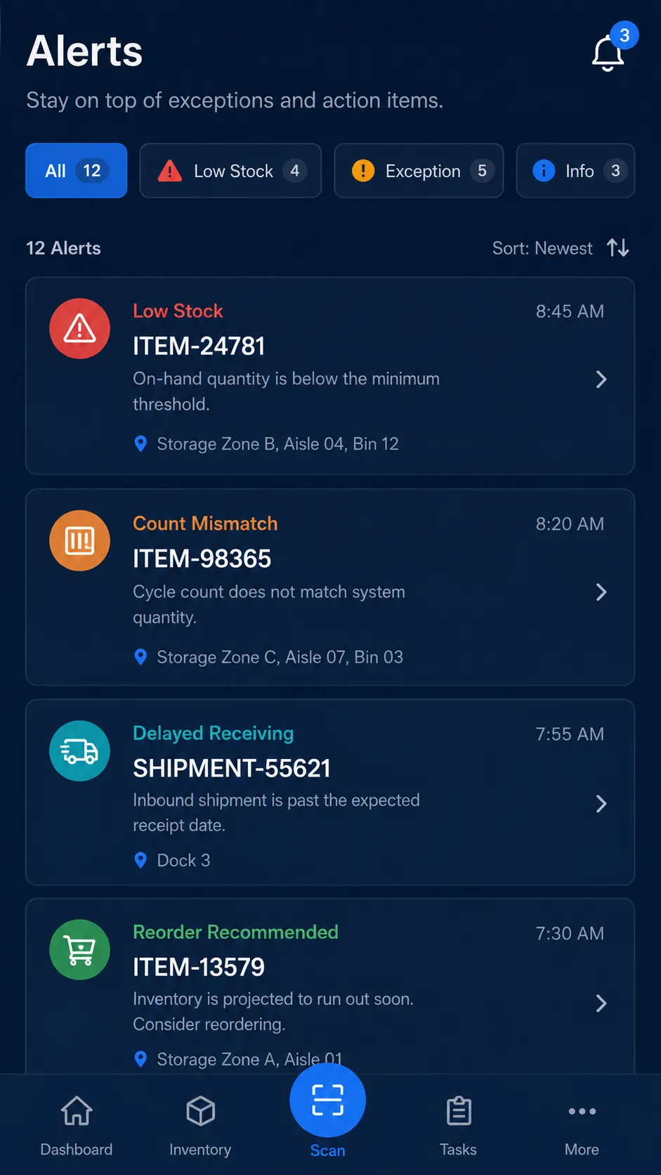 Pantalla móvil de alertas de almacén con avisos de bajo stock, diferencias de conteo y recepción retrasada.