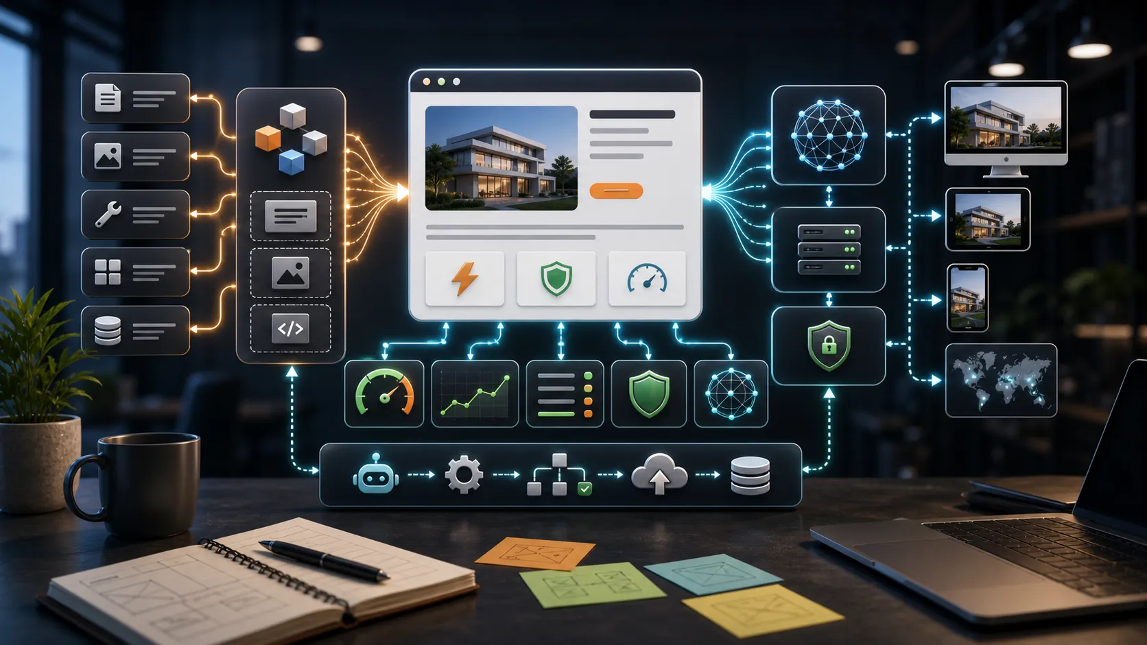 Fast static website architecture pipeline with component blocks, edge delivery, and automation connectors.