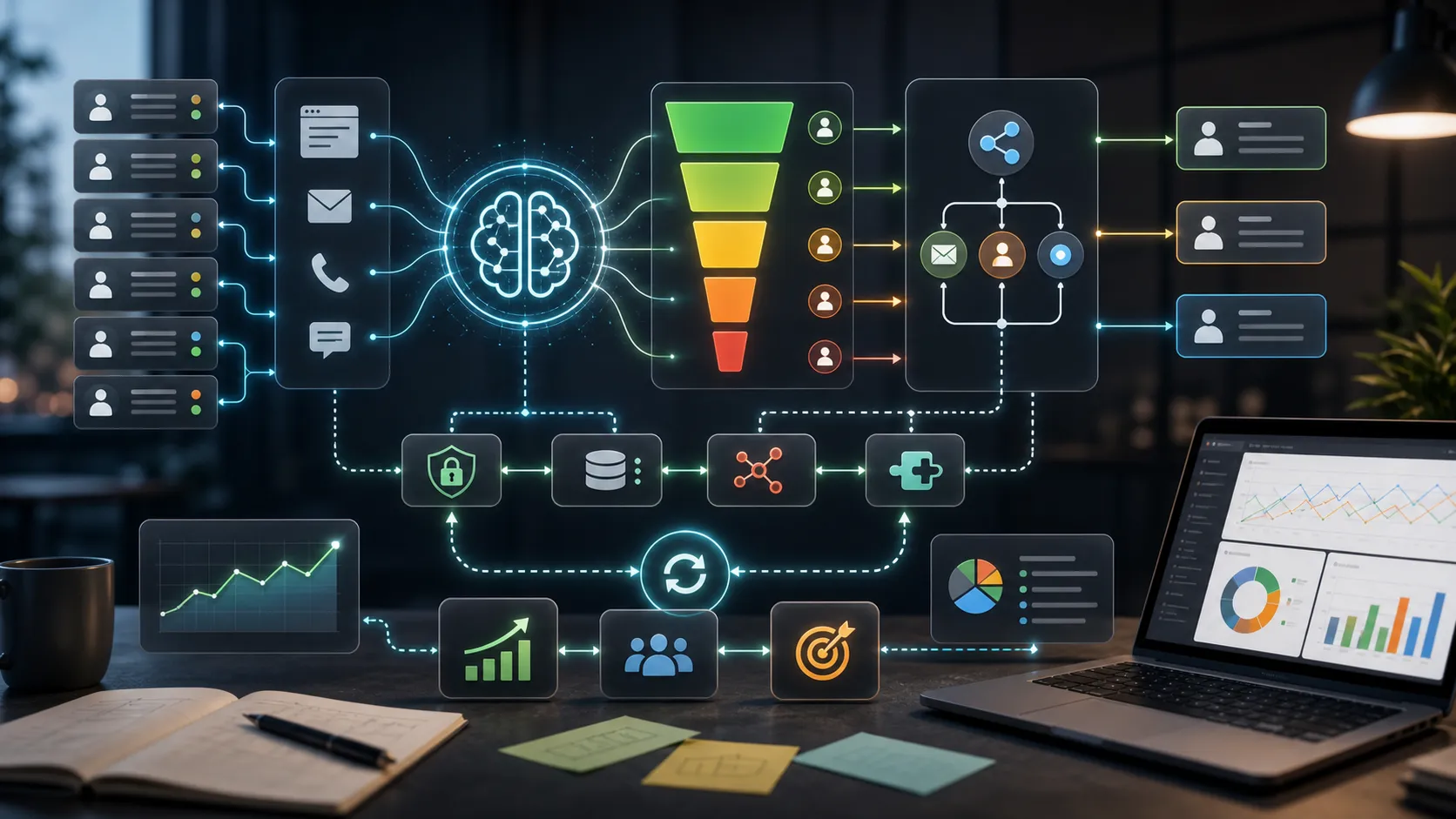 Automated lead qualification pipeline with scoring tiers, integration nodes, and feedback loops.