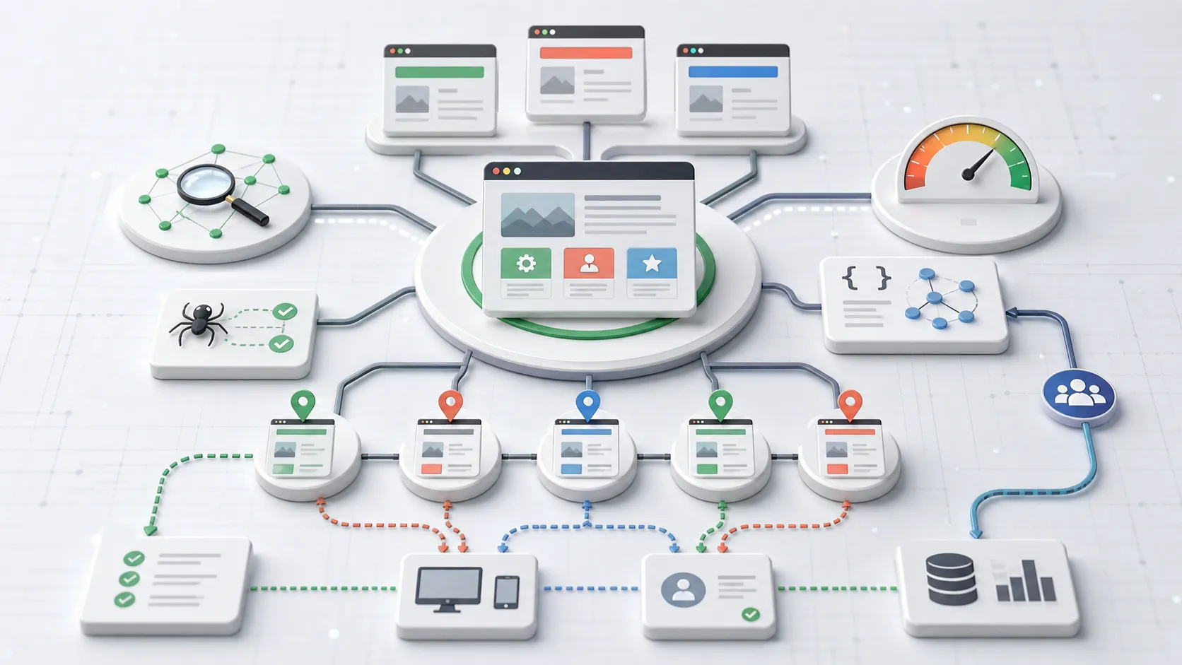 Abstract website architecture map with SEO hubs, crawler paths, and structured content nodes.