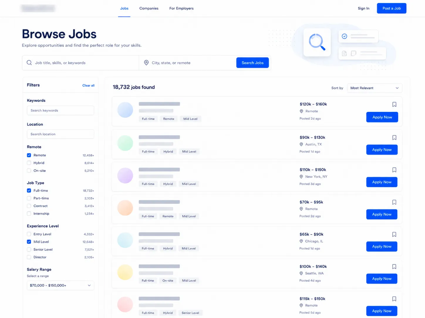 Browse jobs page with search filters and dynamic job listing results.