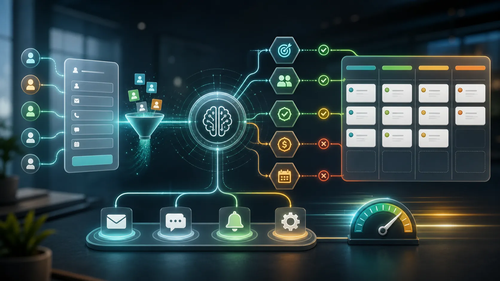 AI lead qualification workflow with intake forms, scoring gates, and CRM routing paths.