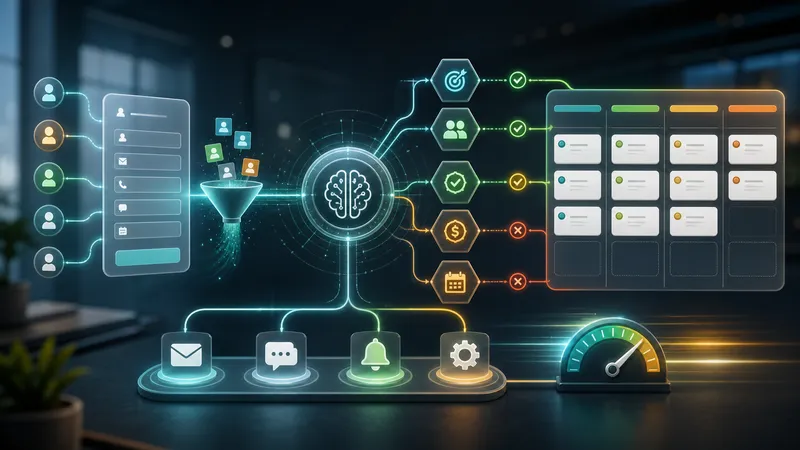 AI lead qualification workflow with intake forms, scoring gates, and CRM routing paths.