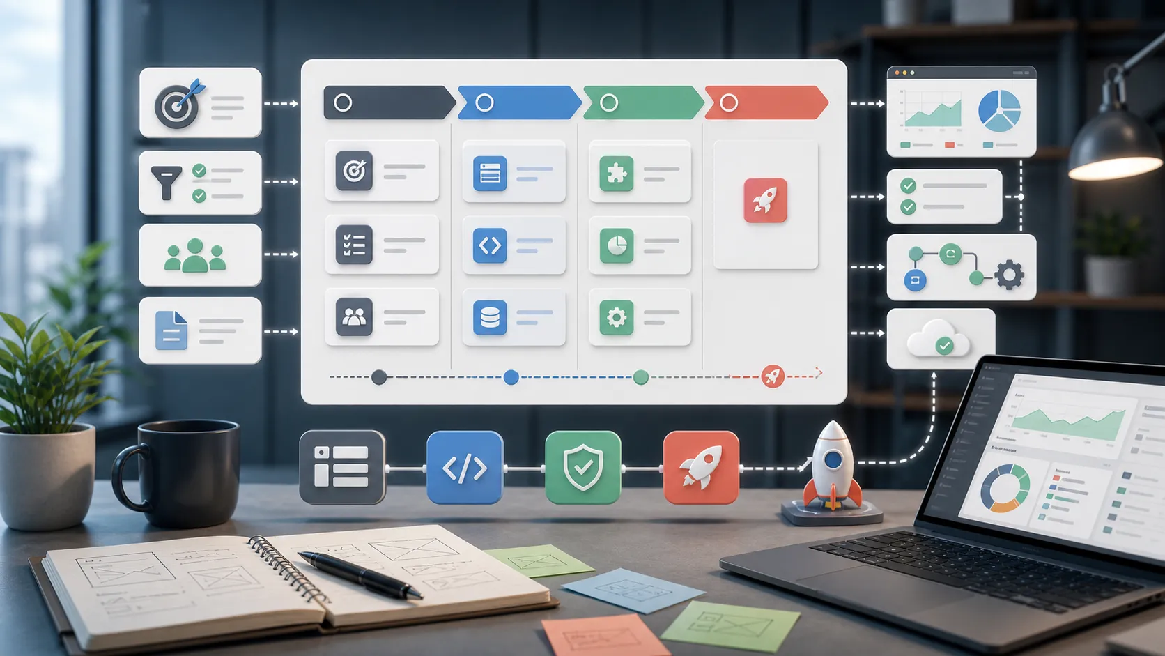 SaaS MVP roadmap illustration with modular product blocks, QA checks, and launch paths.