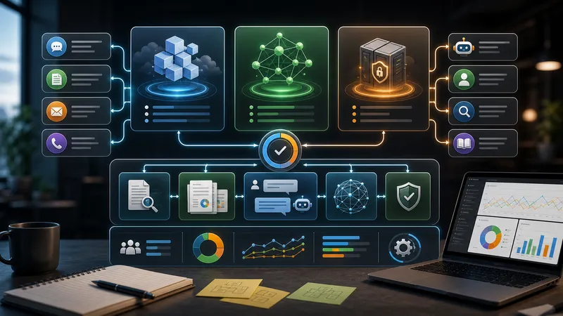 LLM selection workspace with model options, privacy boundaries, and business workflow routes.