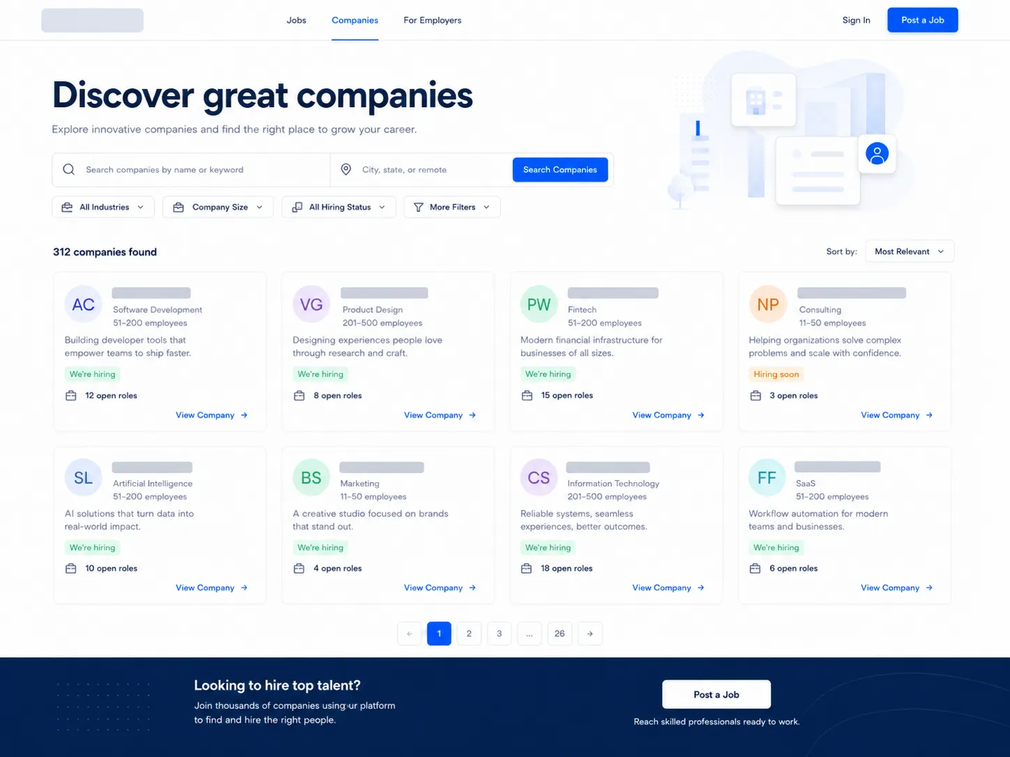 Company directory with search filters and employer profile cards.