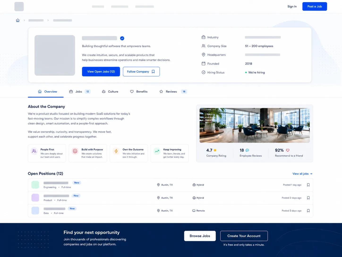 Página de perfil de empresa con datos del negocio y puestos de empleo abiertos.