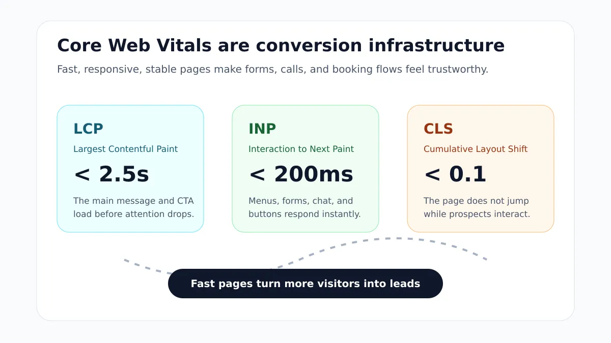 Diagram showing healthy LCP, INP, and CLS thresholds for lead generation pages.