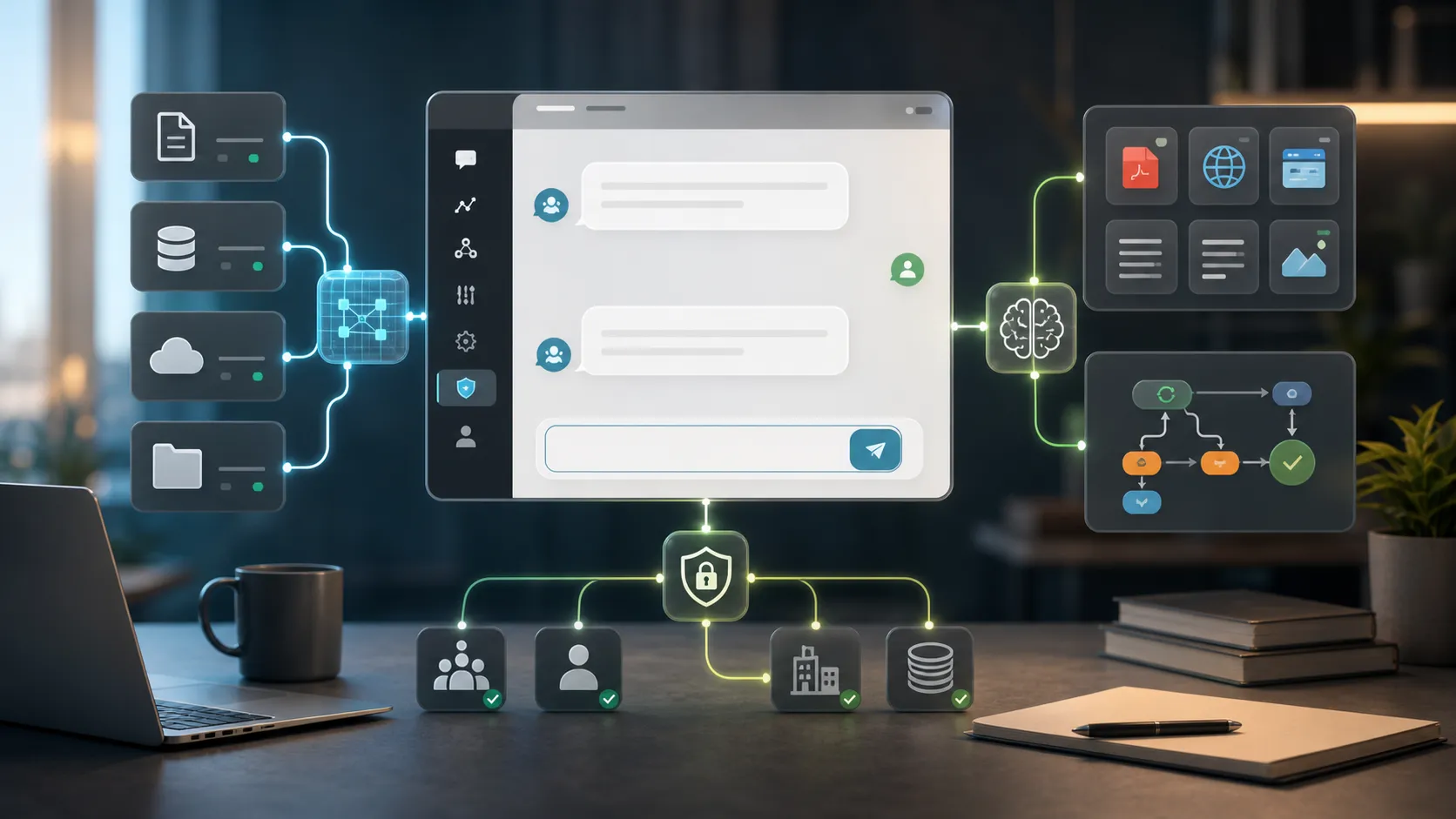 Custom business AI interface with secure connectors, retrieval tiles, and automation routes.