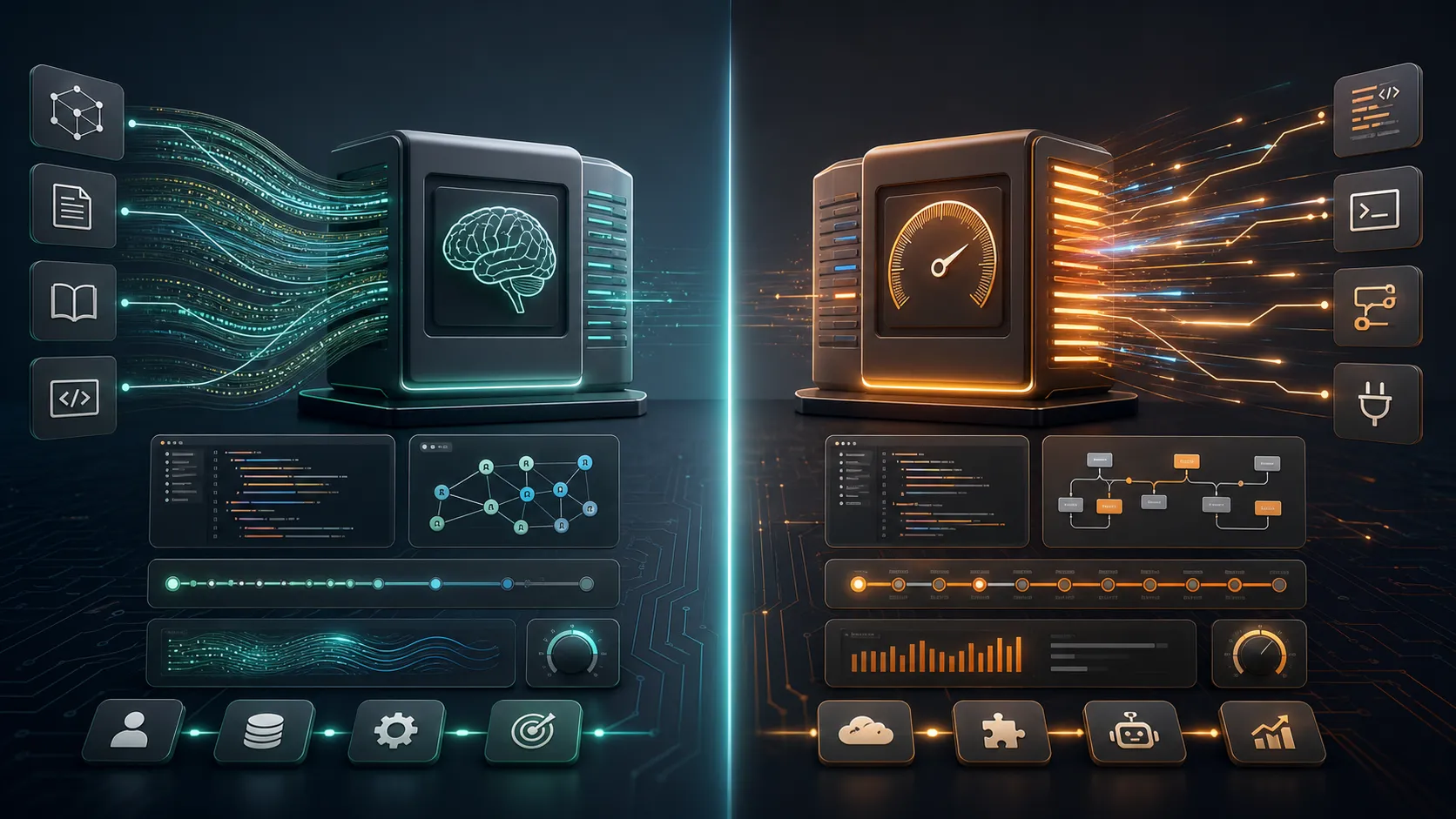 Side-by-side AI model comparison with compute cores, context streams, and automation nodes.