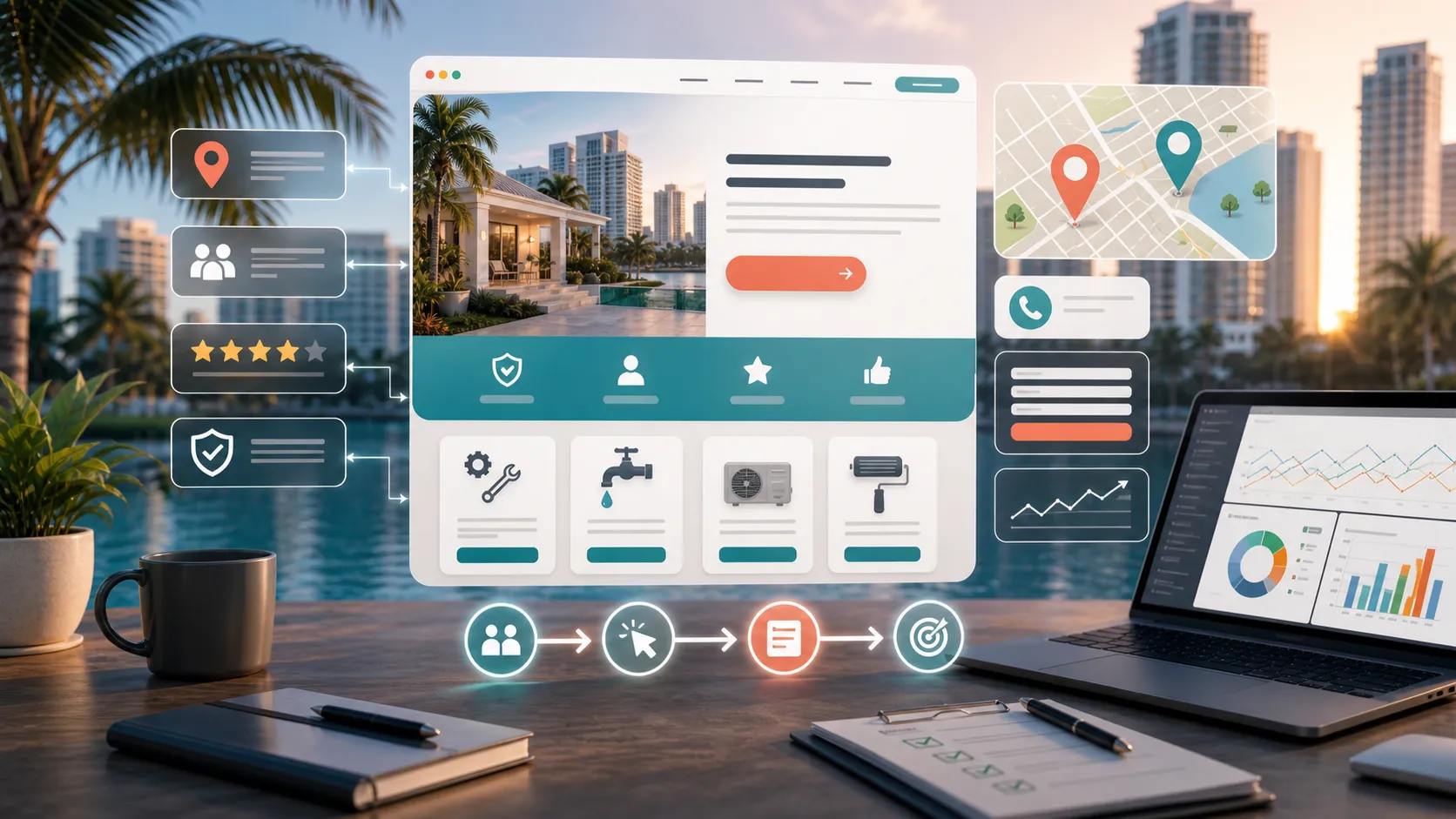 Miami-area service landing page concept with local map pins, trust signals, and conversion paths.