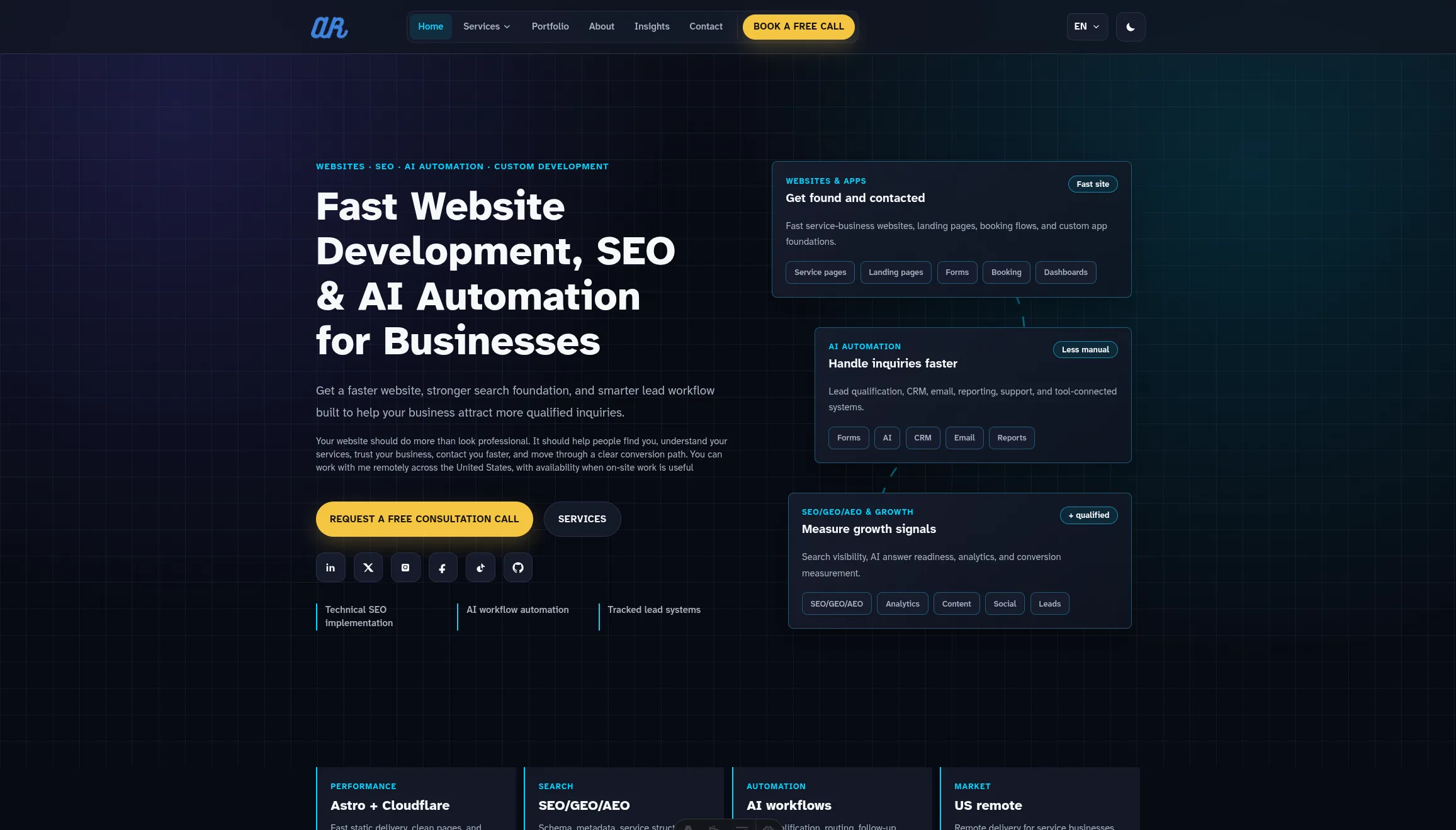 Avaab Razzaq website homepage presenting website development, SEO, and AI automation services.