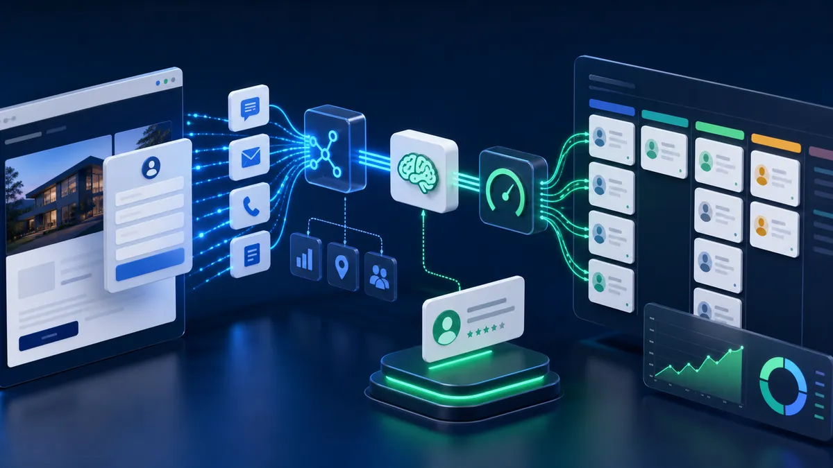 AI lead generation workflow connecting a service business website, scoring engine, CRM, and follow-up channels.