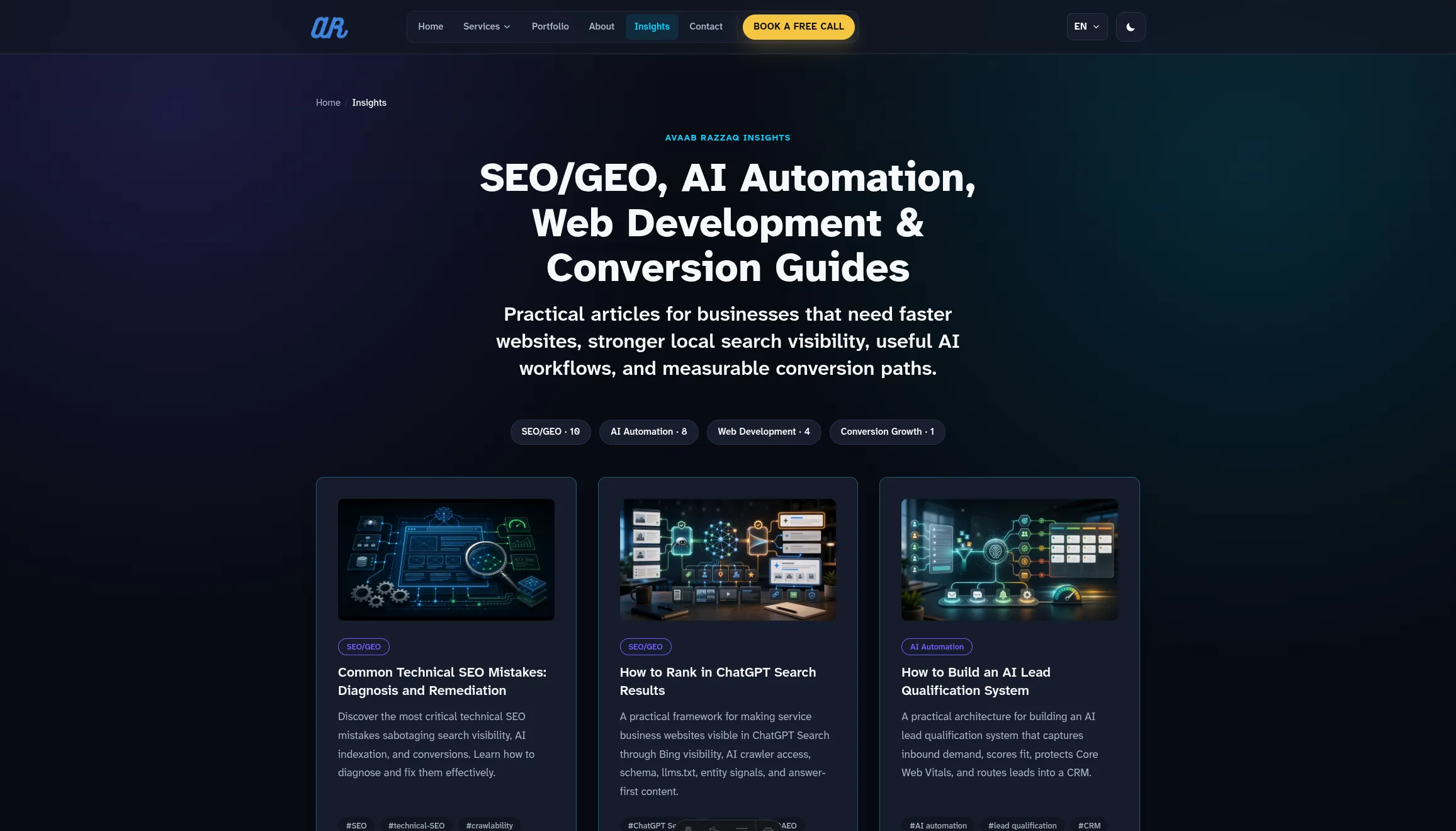 Avaab Razzaq insights page with articles about SEO, AI automation, and web development.