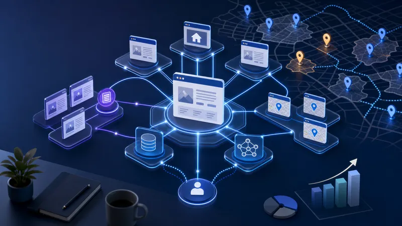 Isometric website internal linking architecture showing local SEO silos, service pages, and AI crawler paths.