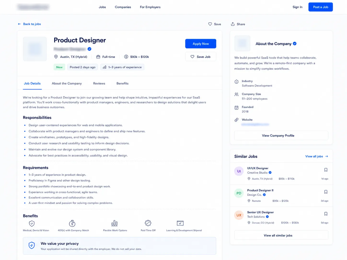 Página de detalle de empleo con descripción del puesto, responsabilidades, requisitos e información de la empresa.