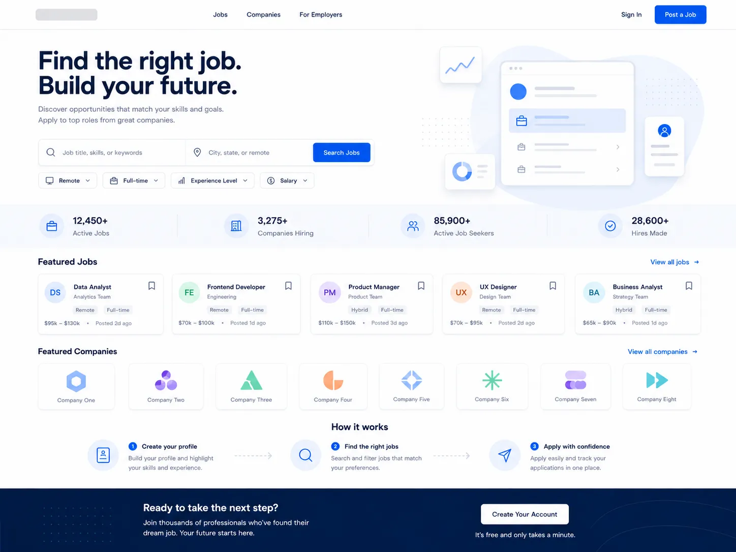 Job listing platform homepage with featured jobs, trusted companies, and search tools.