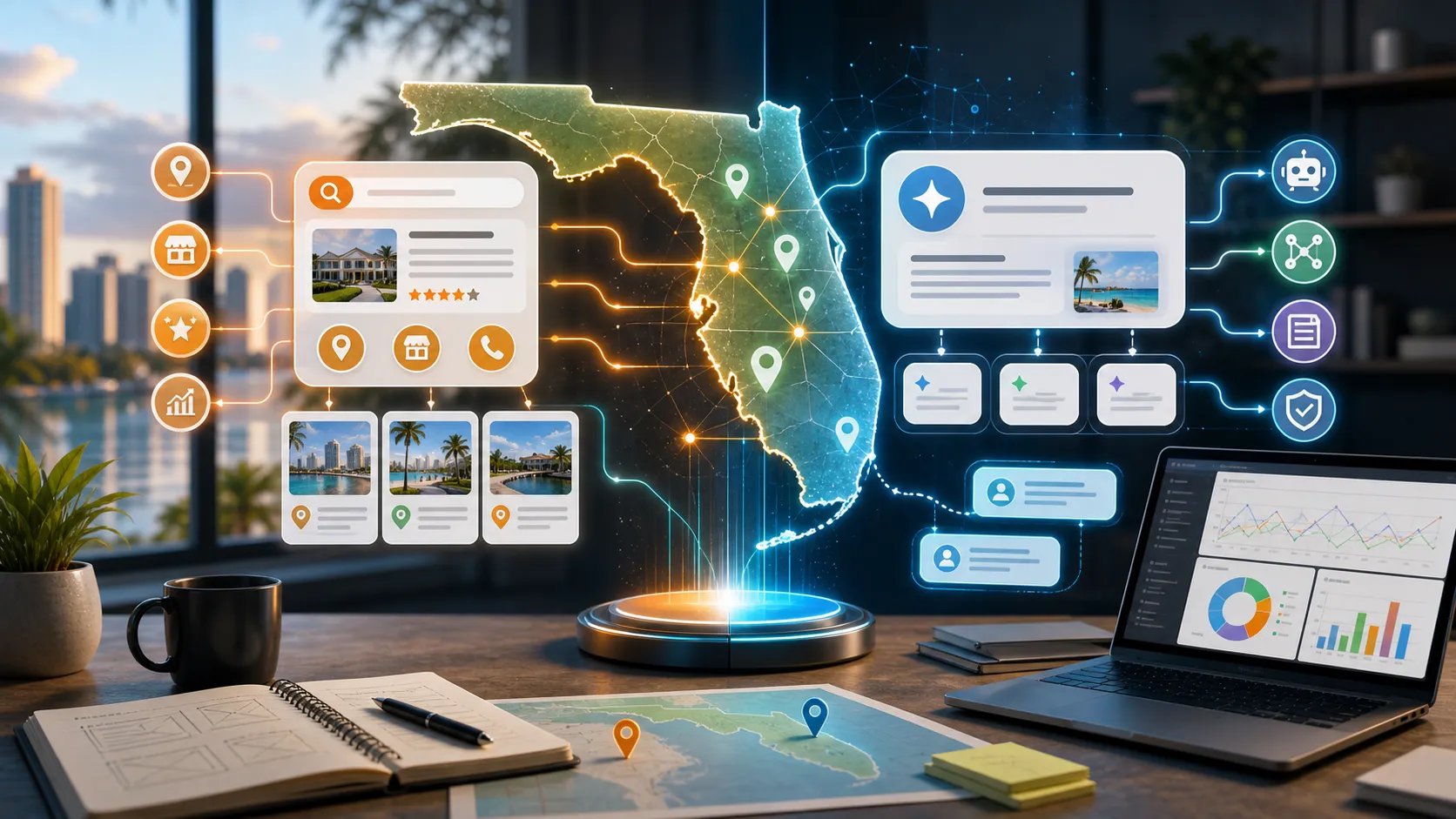 Florida local discovery network connecting map pins, business entities, and AI answer paths.