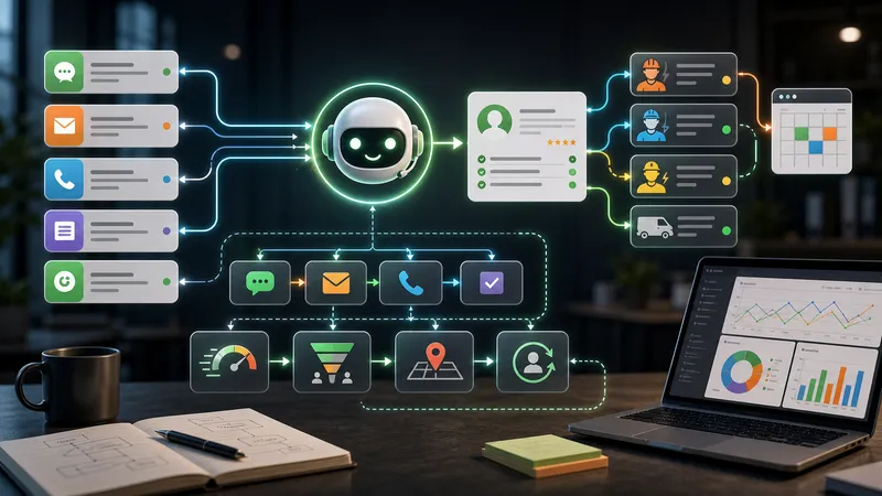 Local service lead response workflow with inquiry cards, routing lines, and follow-up automation.