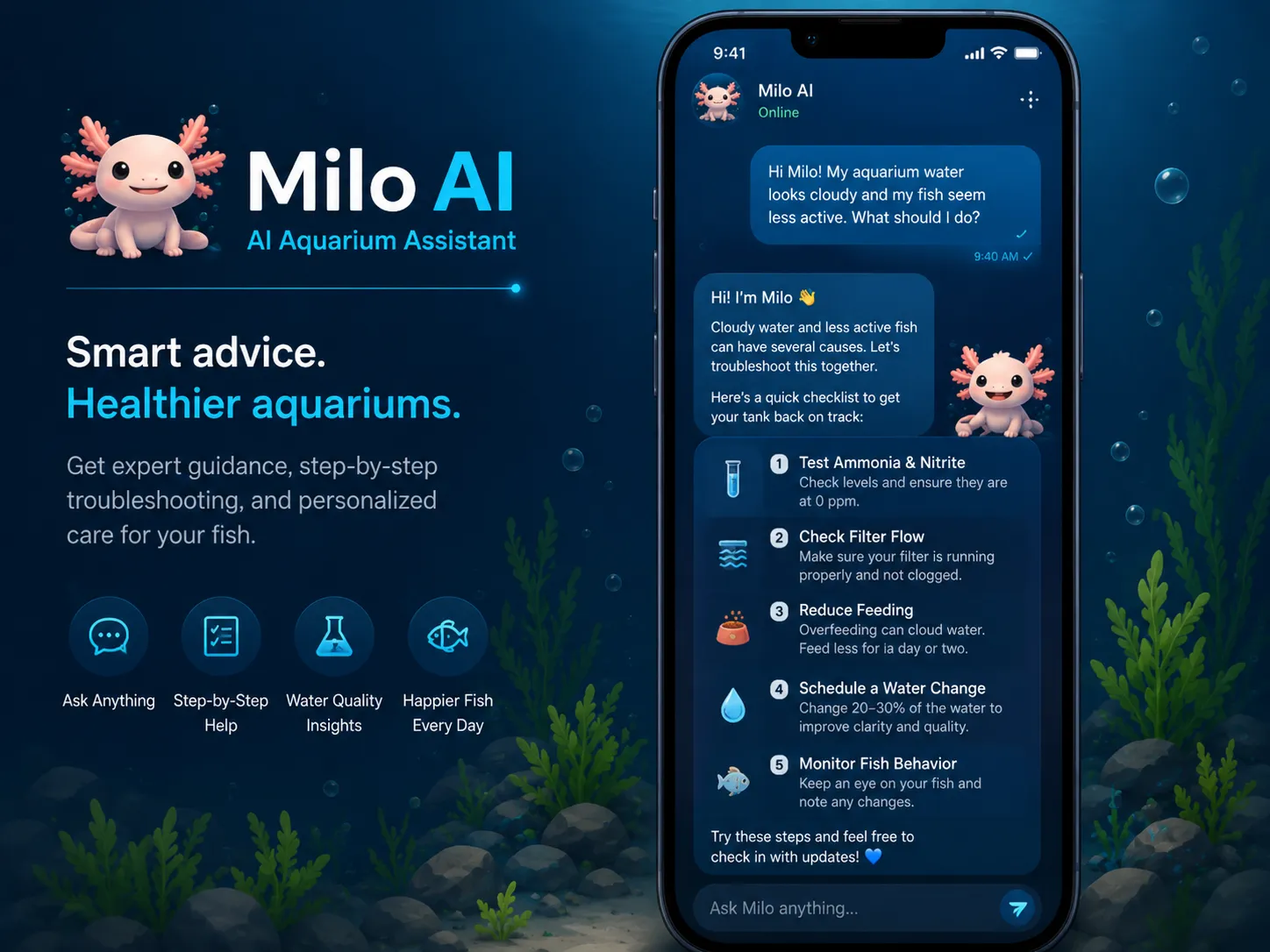 Milo AI assistant chat interface for aquarium care guidance.