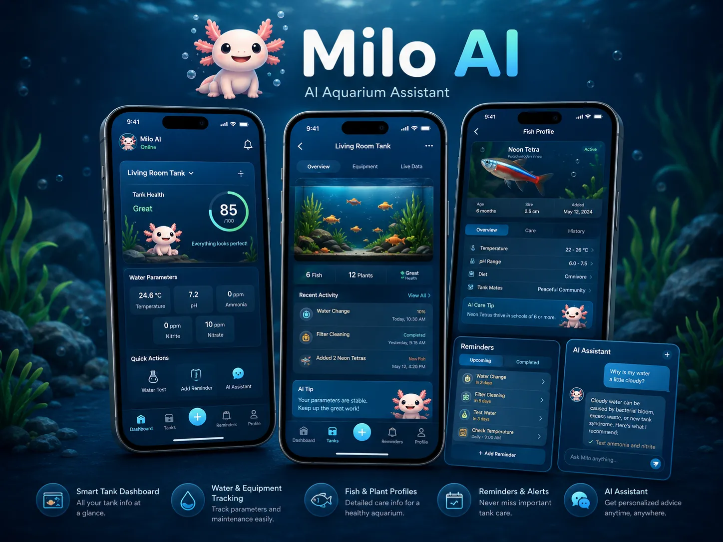Milo AI — Aquarium & Tank Management App cover
