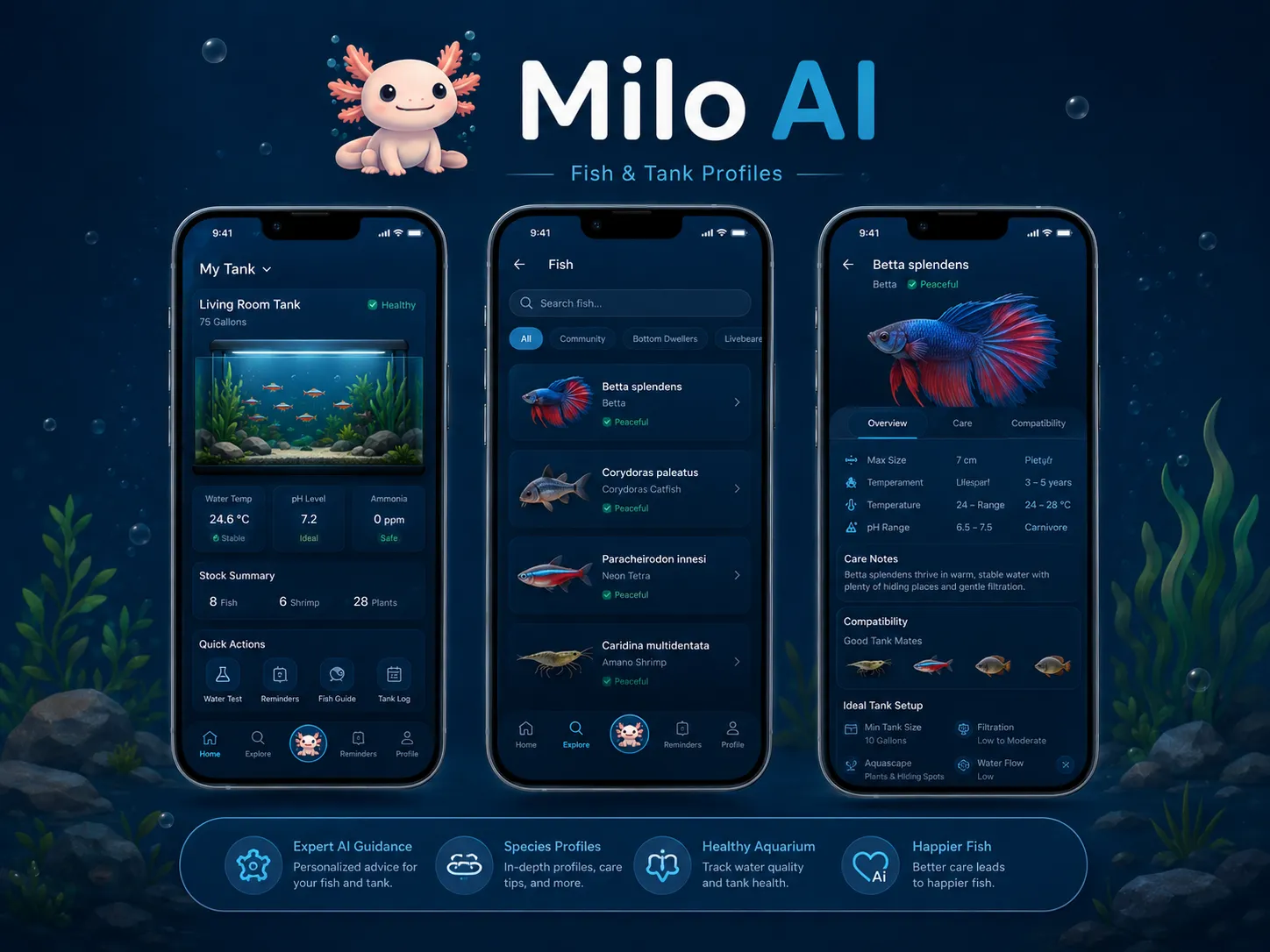 Milo AI fish and tank profile screens with livestock and aquarium details.