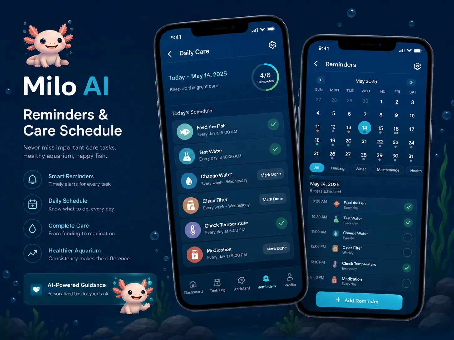Milo AI reminders and care schedule screens with calendar and task list.