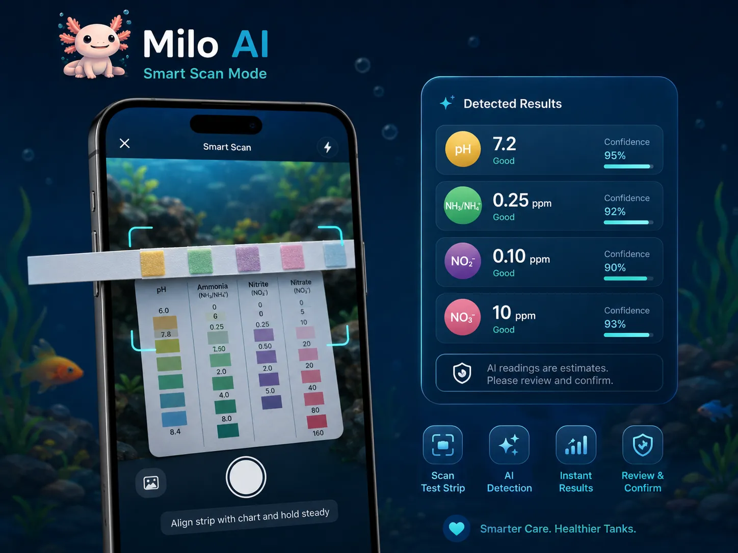 Milo AI smart scan mode showing aquarium water test detection.