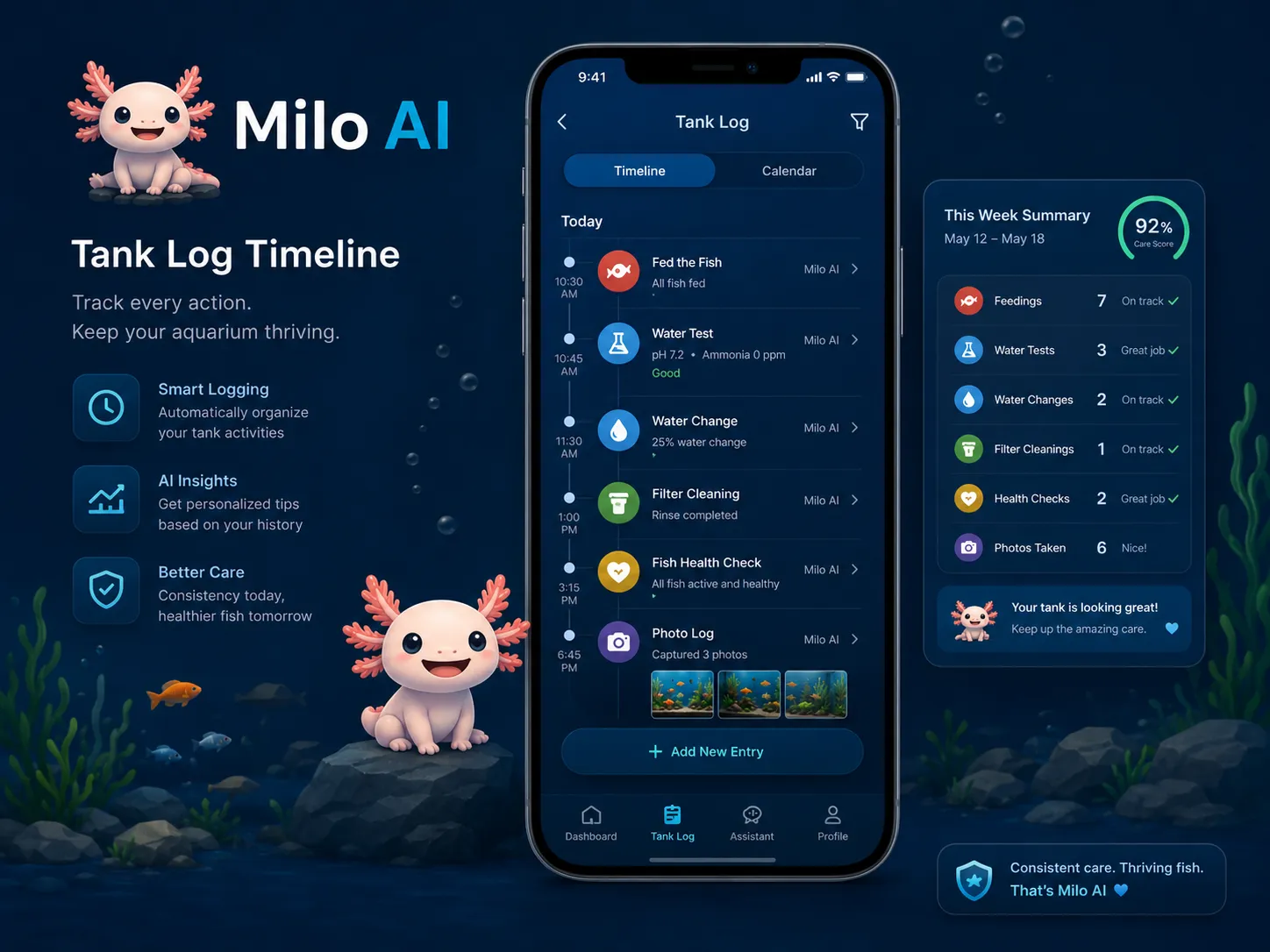 Milo AI tank log timeline with aquarium activity and care events.