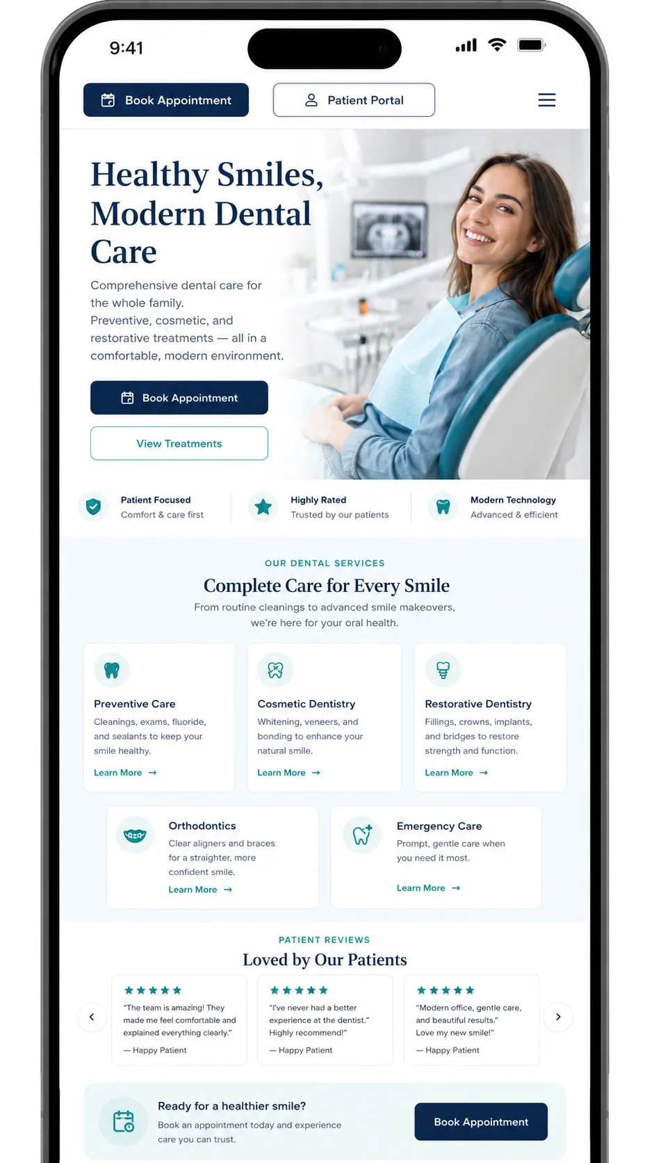 Mobile dental clinic homepage experience.