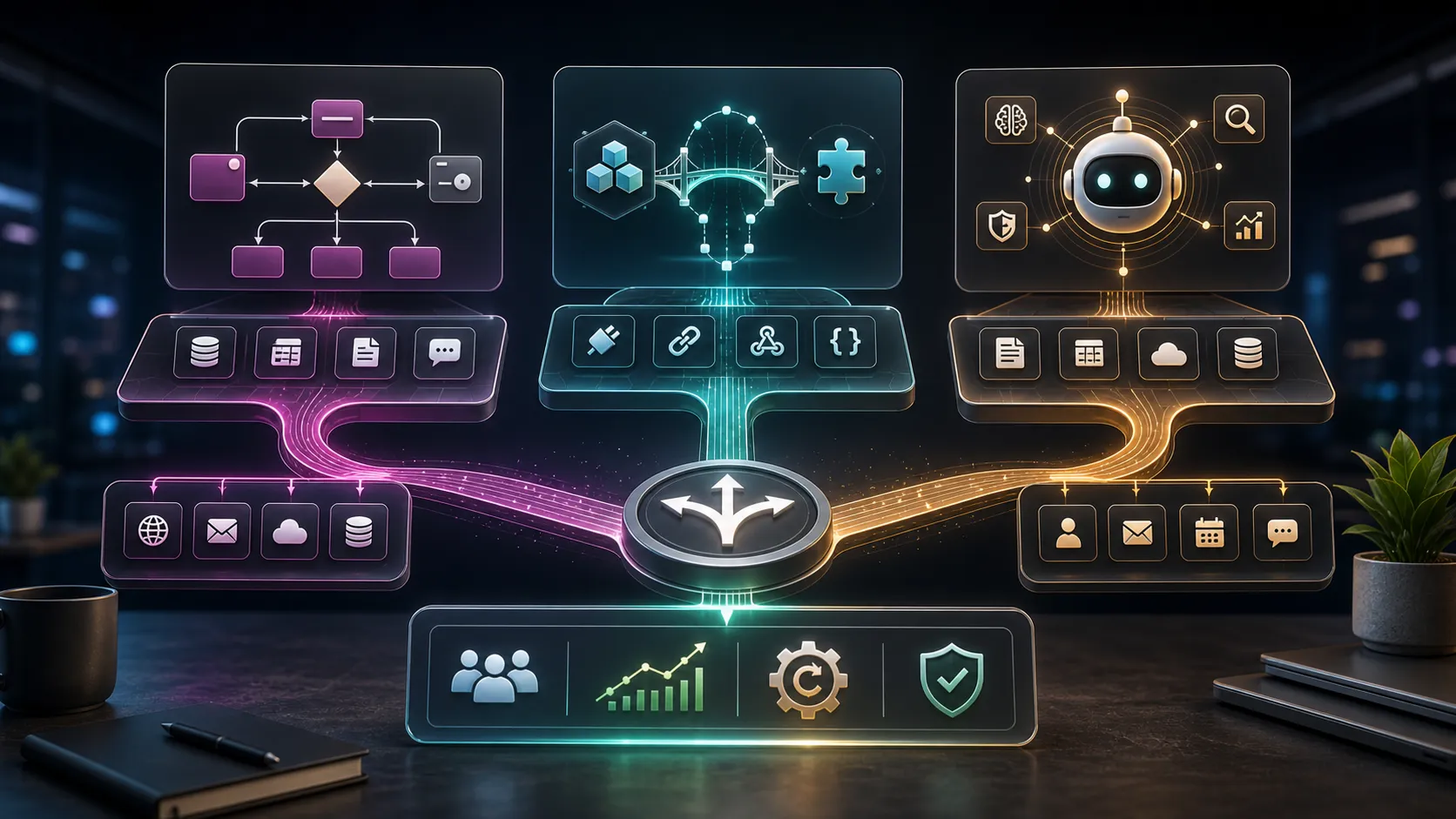 Business automation decision hub with workflow nodes, connector bridges, and AI agent routes.