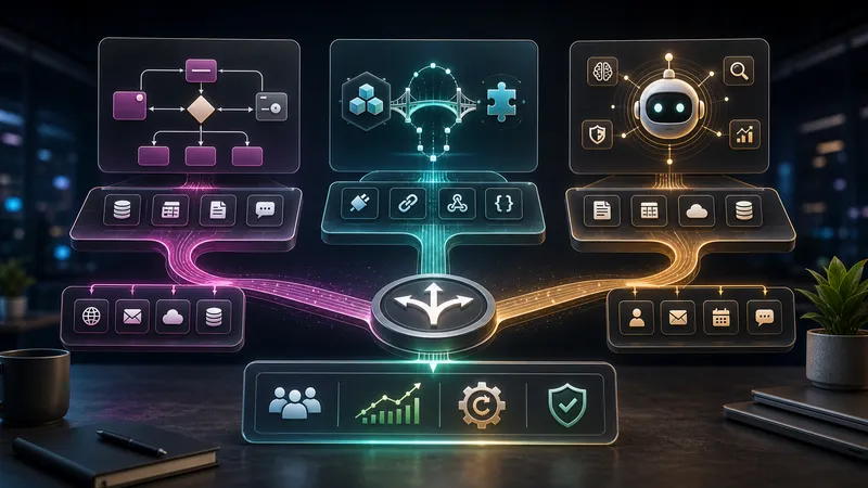 Business automation decision hub with workflow nodes, connector bridges, and AI agent routes.