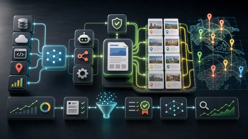 Programmatic SEO content pipeline with location tiles, quality gates, and automation nodes.