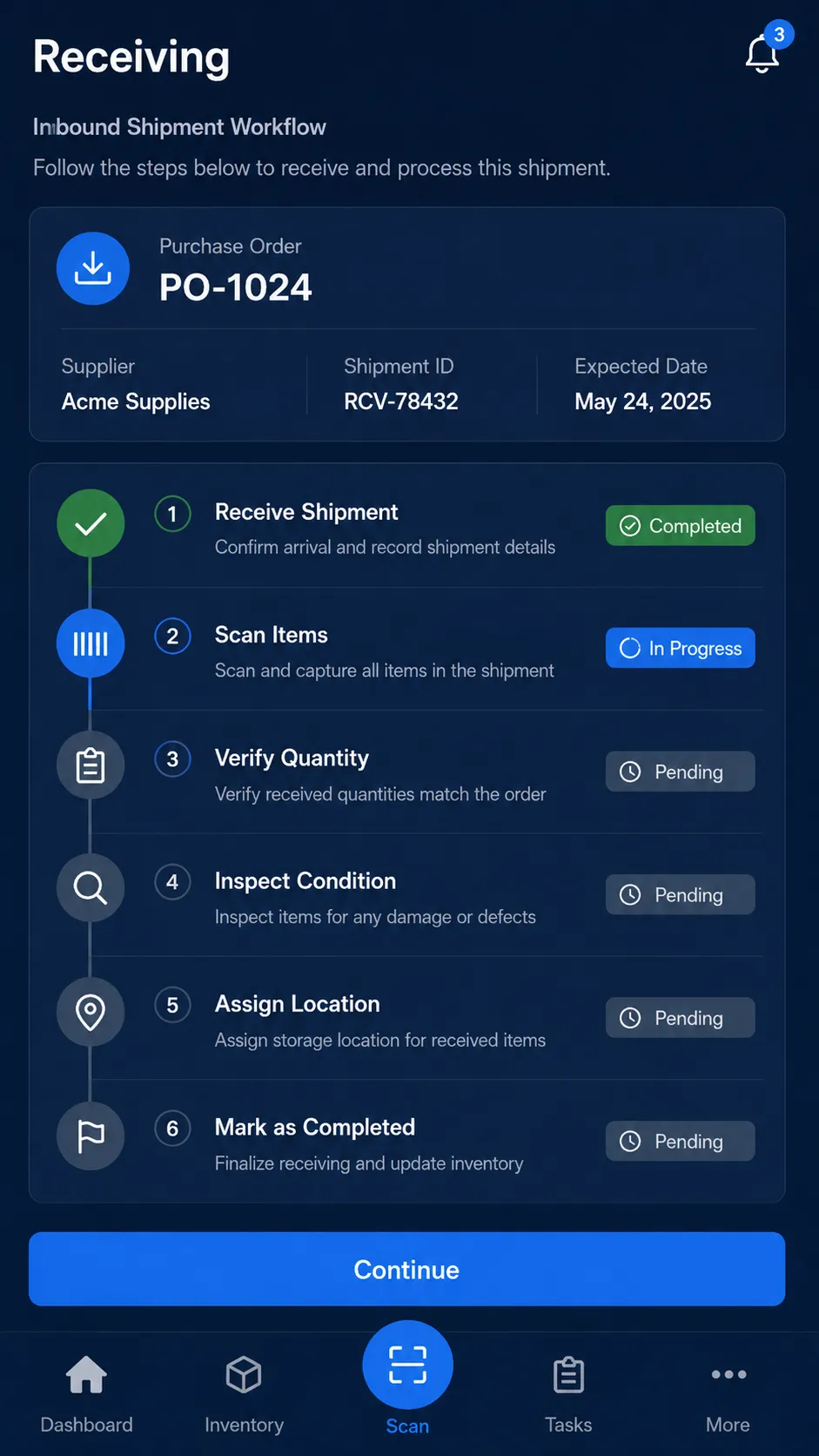 Warehouse mobile app receiving workflow with shipment processing steps.