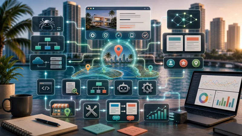 Miami technical SEO operations network with local pins, schema nodes, and automation routes.