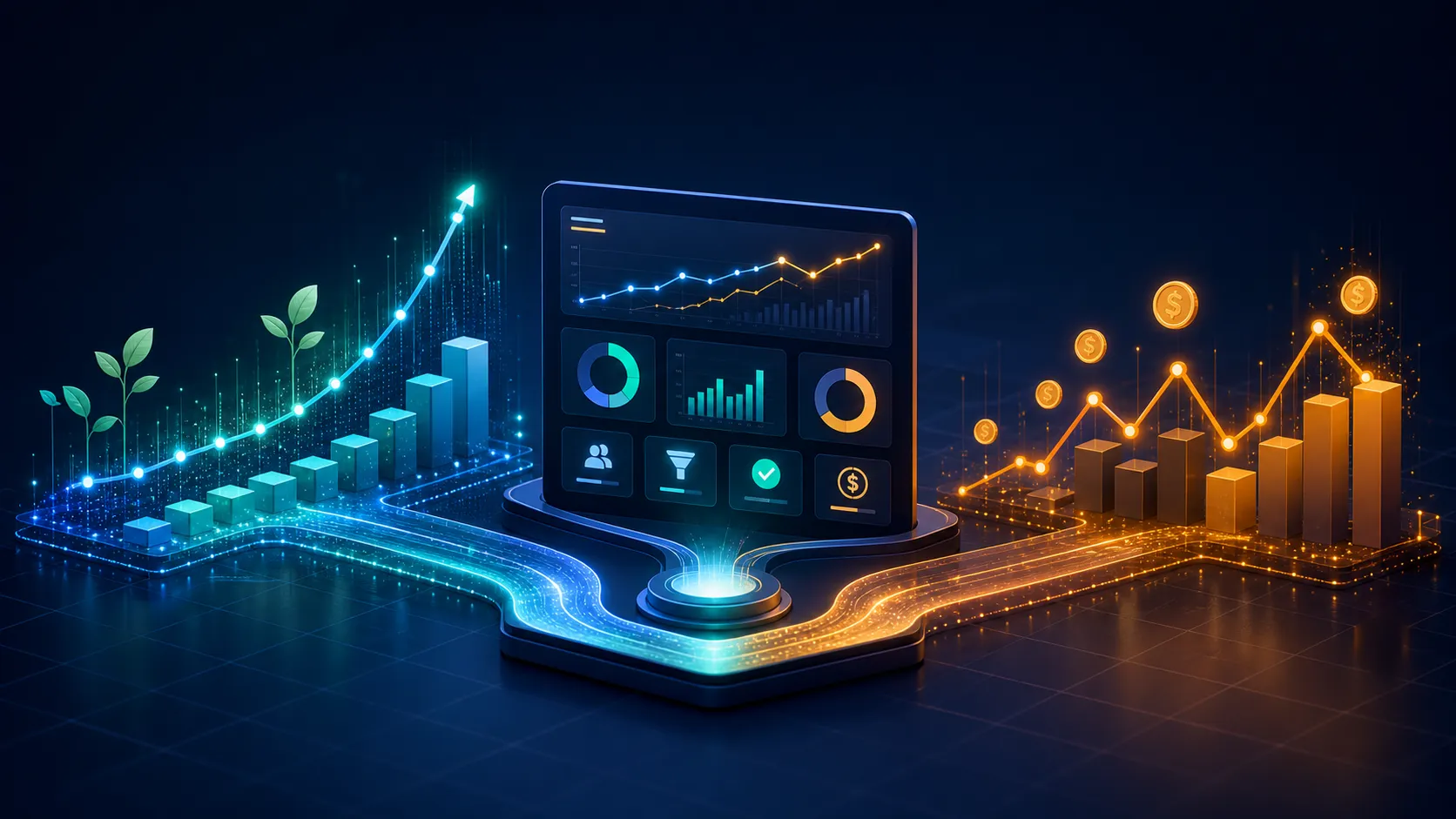 AI-generated illustration showing organic SEO growth and paid Google Ads performance feeding into a central analytics dashboard.