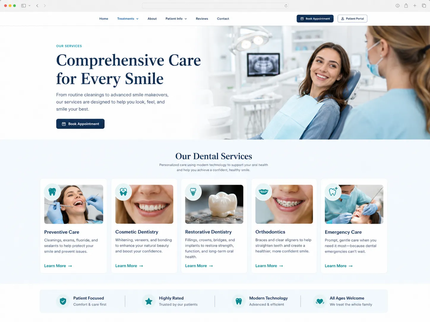 Pagina di panoramica dei servizi dentistici con schede trattamento.