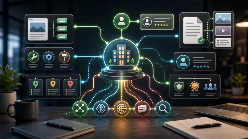 Structured data entity graph connecting business, service, location, author, and proof nodes.