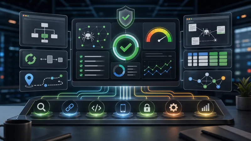 Technical SEO audit control room with crawler paths, schema blocks, and performance checks.
