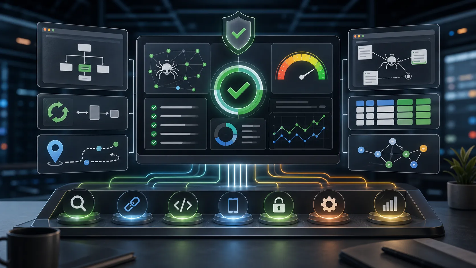 Technical SEO audit control room with crawler paths, schema blocks, and performance checks.