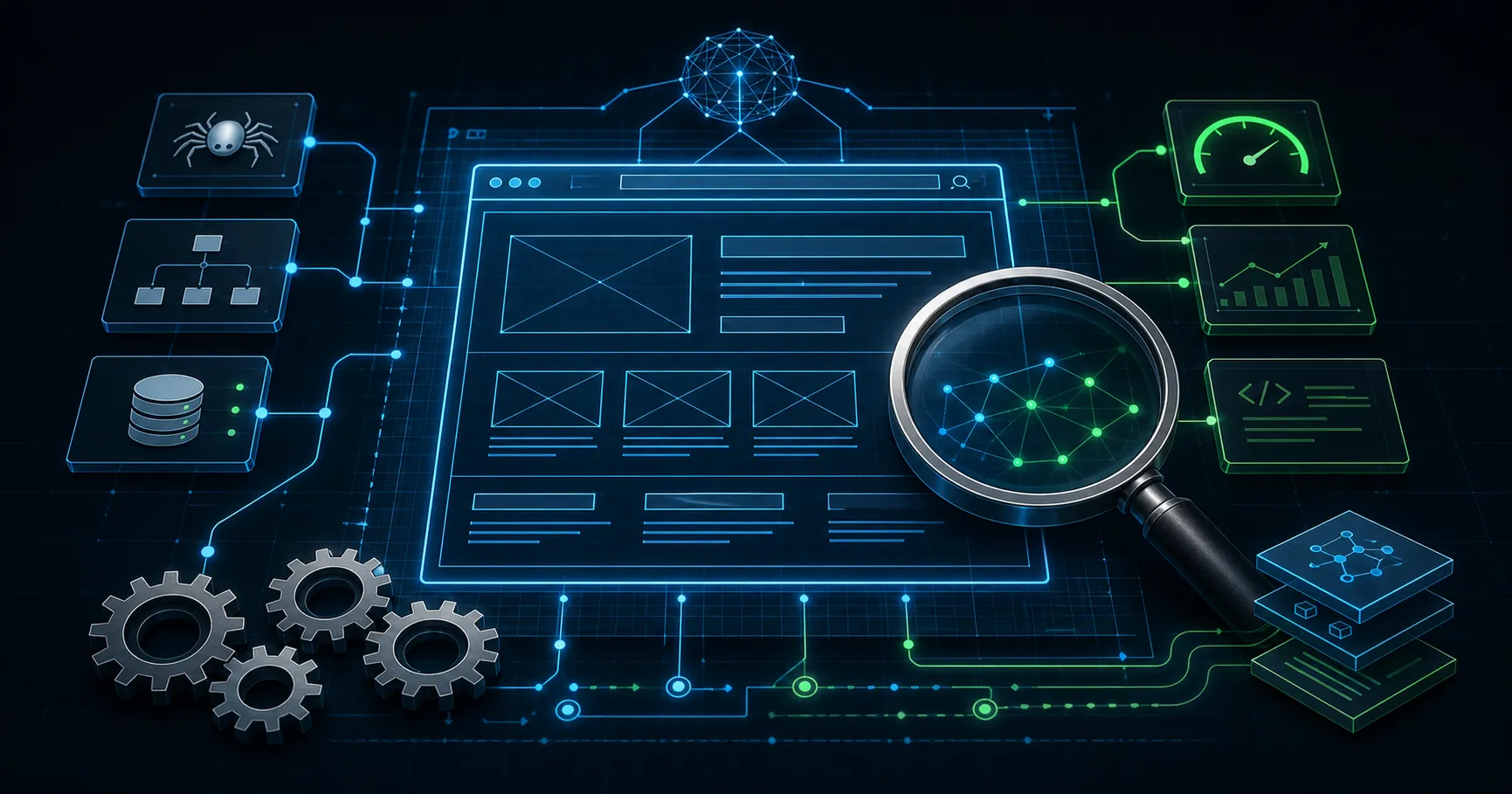 Abstract blueprint illustration of website architecture and technical SEO mechanics.