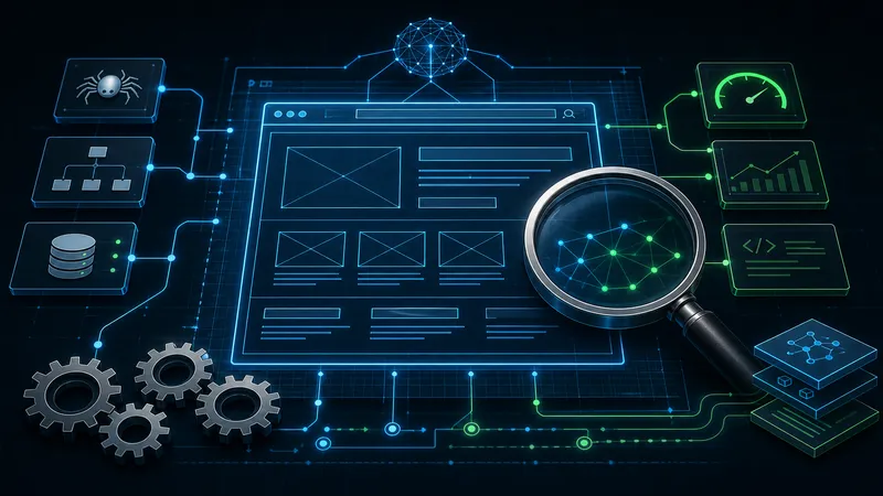 Abstract blueprint illustration of website architecture and technical SEO mechanics.