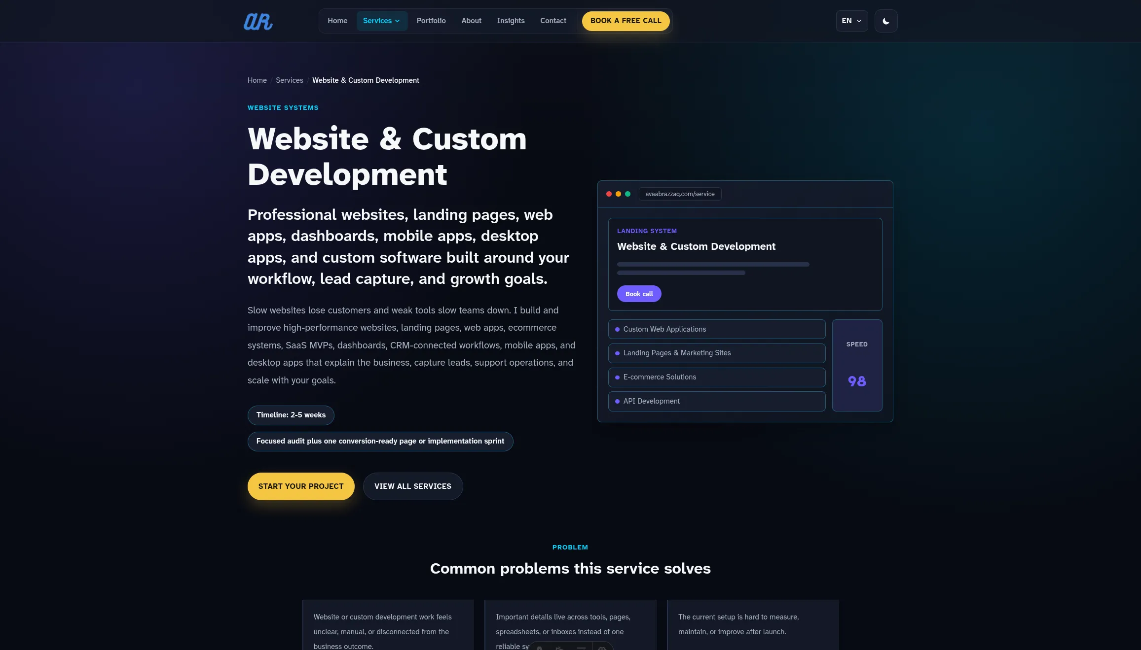 Website and custom development service page on the Avaab Razzaq website.